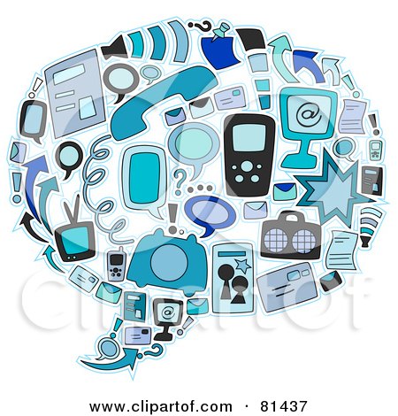 Royalty-Free (RF) Clipart Illustration of a Blue Collage Of Communication Items Forming A Word Balloon by BNP Design Studio