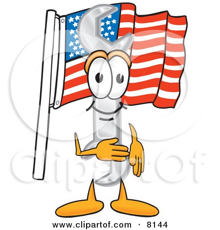 Clipart Picture of a Wrench Mascot Cartoon Character Pledging Allegiance to an American Flag by Mascot Junction