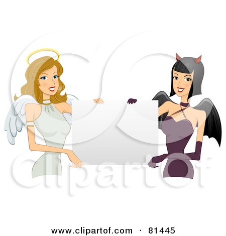 Royalty-Free (RF) Clipart Illustration of Pretty Angel And Devil Women Holding A Blank Sign by BNP Design Studio