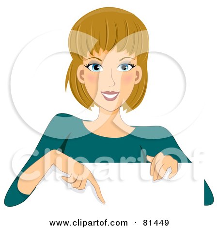 Royalty-Free (RF) Clipart Illustration of a Dirty Blond Woman Pointing Down At A Blank Sign Board by BNP Design Studio