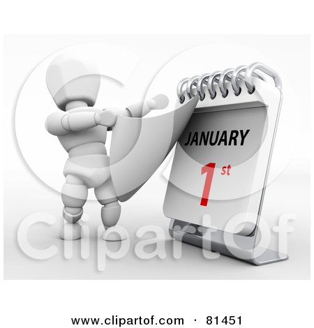 Royalty-Free (RF) Clipart Illustration of a 3d White Character Ripping Off A Day On A Desk Calendar To Reveal January 1st by KJ Pargeter