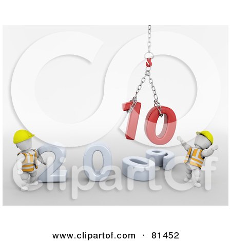 Royalty-Free (RF) Clipart Illustration of Two 3d White Characters Re-Building A Year 2010 Together by KJ Pargeter