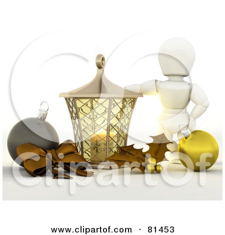 Royalty-Free (RF) Clipart Illustration of a 3d White Character Standing By A Candle Lantern With A Bow, Baubles And Holly by KJ Pargeter