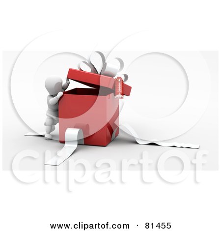 Royalty-Free (RF) Clipart Illustration of a 3d White Character Peeking Inside A Red Gift Box With White Ribbons And A Bow by KJ Pargeter