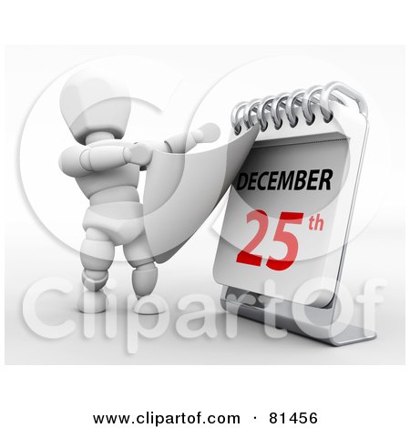 Royalty-Free (RF) Clipart Illustration of a 3d White Character Ripping Off A Day On A Desk Calendar To Reveal December 25th by KJ Pargeter