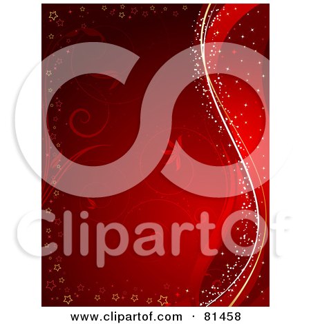 Royalty-Free (RF) Clipart Illustration of a Red Floral Background Bordered With Stars And Waves by KJ Pargeter