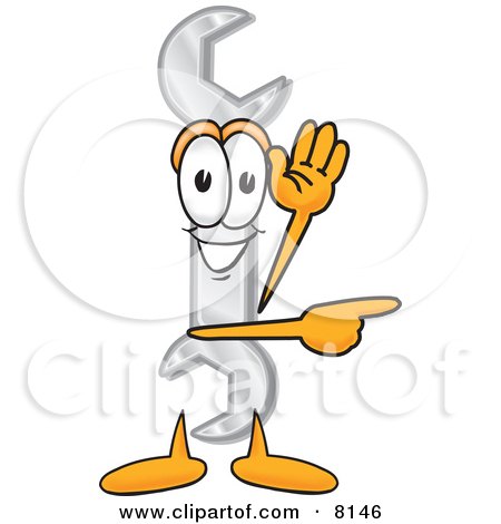 Clipart Picture of a Wrench Mascot Cartoon Character Waving and Pointing by Mascot Junction