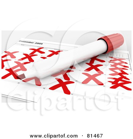 Royalty-Free (RF) Clipart Illustration of a Red Marker Resting On A December Calender With Crossed Out Days by KJ Pargeter