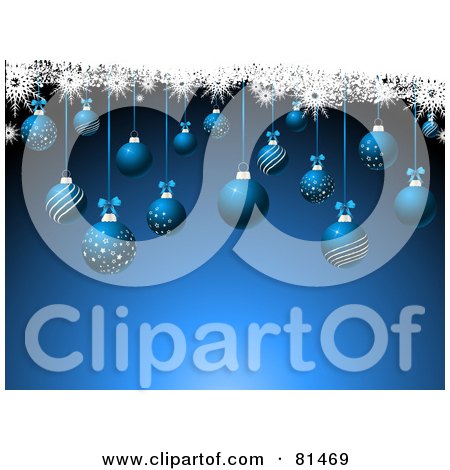 Royalty-Free (RF) Clipart Illustration of a Blue Christmas Background With Suspended Balls And Snowflakes by KJ Pargeter