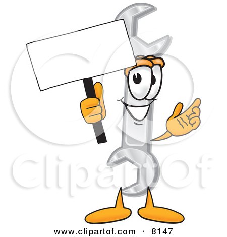 Clipart Picture of a Wrench Mascot Cartoon Character Holding a Blank Sign by Mascot Junction