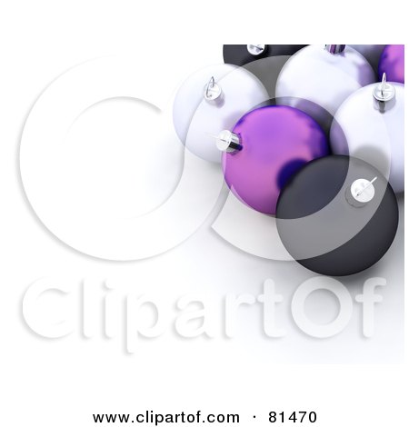 Royalty-Free (RF) Clipart Illustration of a Background Of 3d Silver, Purple And Black Christmas Baubles With White Space by KJ Pargeter