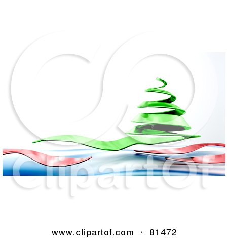 Royalty-Free (RF) Clipart Illustration of a Green Spiral 3d Christmas Tree With Waves On White by KJ Pargeter