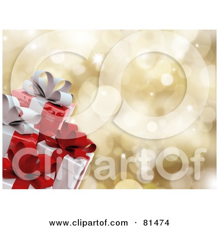 Royalty-Free (RF) Clipart Illustration of a Gold Sparkle Background With Wrapped Christmas Presents by KJ Pargeter