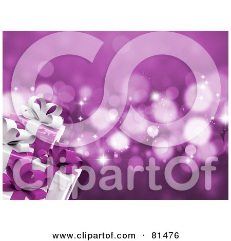 Royalty-Free (RF) Clipart Illustration of a Purple Sparkle Background With Wrapped Christmas Presents by KJ Pargeter