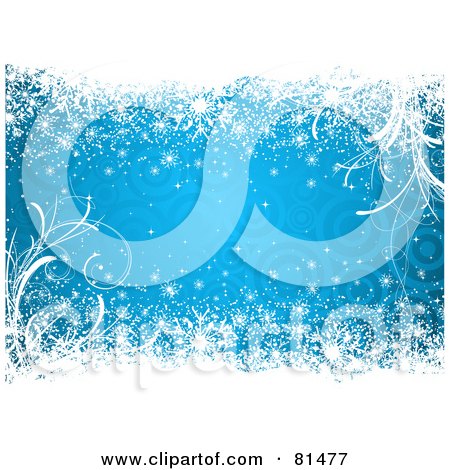Royalty-Free (RF) Clipart Illustration of a Blue Christmas Background With Circles And White Snowflakes And Plants by KJ Pargeter