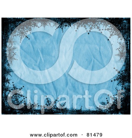 Royalty-Free (RF) Clipart Illustration of a Grungy Wrinkled Blue Paper Background Bordered With Black Snowflakes by KJ Pargeter