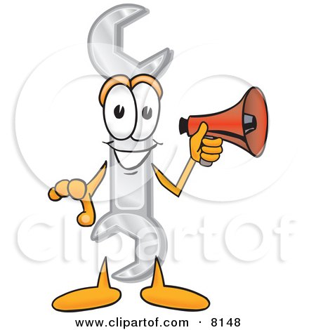 Clipart Picture of a Wrench Mascot Cartoon Character Holding a Megaphone by Mascot Junction