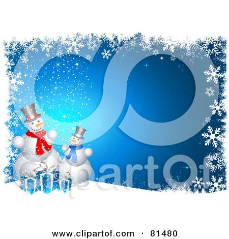 Royalty-Free (RF) Clipart Illustration of a Blue Christmas Background With Presents, Snowflakes And Snowmen by KJ Pargeter