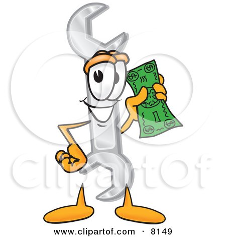 Clipart Picture of a Wrench Mascot Cartoon Character Holding a Dollar Bill by Mascot Junction
