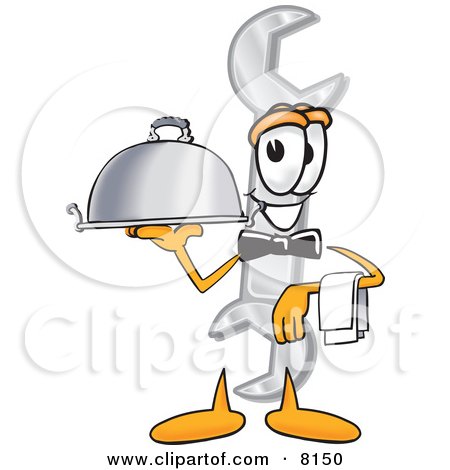 Clipart Picture of a Wrench Mascot Cartoon Character Dressed as a Waiter and Holding a Serving Platter by Mascot Junction