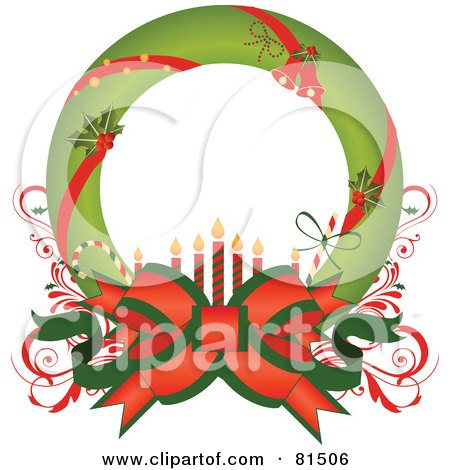 Royalty-Free (RF) Clipart Illustration of a Green Christmas Wreath Wrapped With Candy Canes, Bells, Holly And Bows, With Candles by OnFocusMedia