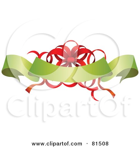 Royalty-Free (RF) Clipart Illustration of an Ornate Red Ribbon Bow Behind A Green Christmas Banner by OnFocusMedia