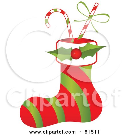 Royalty-Free (RF) Clipart Illustration of a Red And Green Striped Christmas Stocking With Holly And Candy Canes by OnFocusMedia