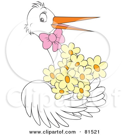 Royalty-Free (RF) Clipart Illustration of a White Stork Wearing A Pink Bow And Carrying Yellow Flowers by Alex Bannykh