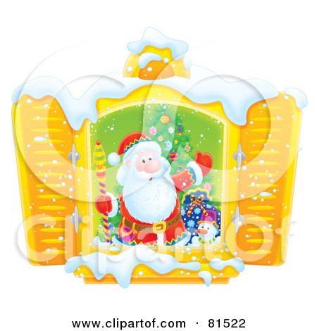 Royalty-Free (RF) Clipart Illustration of a Welcoming Santa Standing In Front Of An Open Shutter Window by Alex Bannykh