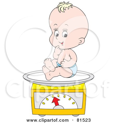 Royalty-Free (RF) Clipart Illustration of a Happy Blond Caucasian Baby Sitting On A Body Weight Scale by Alex Bannykh