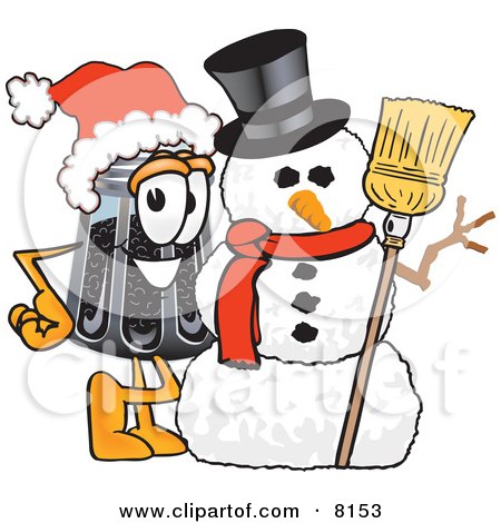 Clipart Picture of a Pepper Shaker Mascot Cartoon Character With a Snowman on Christmas by Mascot Junction