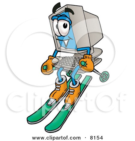 Clipart Picture of a Desktop Computer Mascot Cartoon Character Skiing Downhill by Mascot Junction