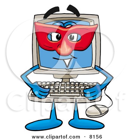 Clipart Picture of a Desktop Computer Mascot Cartoon Character Wearing a Red Mask Over His Face by Mascot Junction