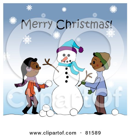 Royalty-Free (RF) Clipart Illustration of a Merry Christmas Greeting Of Two Children Creating A Snowman Together In The Snow by Pams Clipart