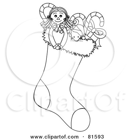 Royalty-Free (RF) Clipart Illustration of a Black And White Outline Of A Stuffed Christmas Stocking by Pams Clipart