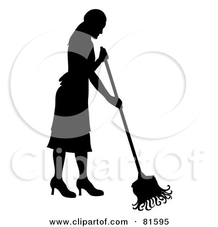 Royalty-Free (RF) Clipart Illustration of a Black Silhouette Of A Cleaning Lady Mopping by Pams Clipart