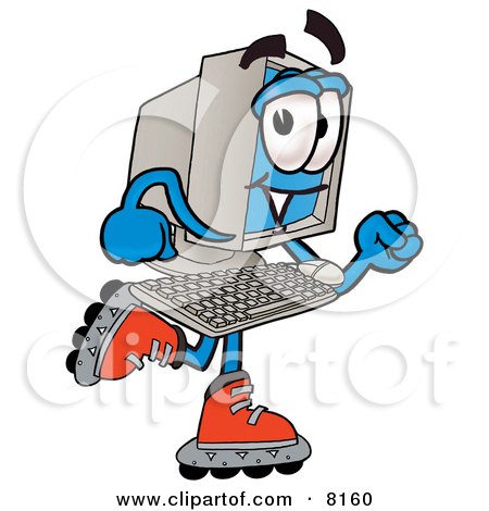 Clipart Picture of a Desktop Computer Mascot Cartoon Character Roller Blading on Inline Skates by Mascot Junction
