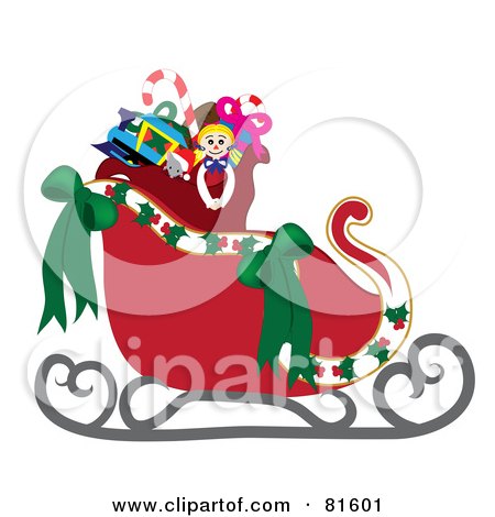 Royalty-Free (RF) Clipart Illustration of a Red Santa Sleigh With Green Ribbons And A Sack Of Toys by Pams Clipart