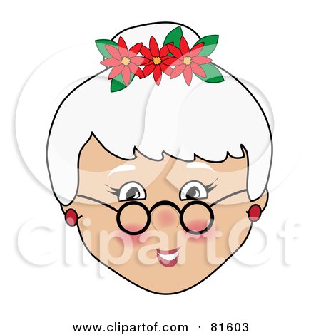 Royalty-Free (RF) Clipart Illustration of a Friendly Mrs Claus Face With Red Flowers In Her Hair by Pams Clipart