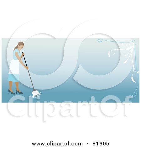 Royalty-Free (RF) Clipart Illustration of a Blue Border Of A Mopping Cleaning Lady With Floral Accents by Pams Clipart