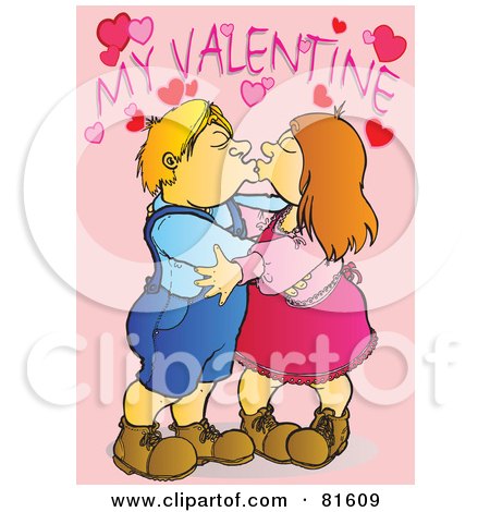 Royalty-Free (RF) Clipart Illustration of a Child Couple Smooching Under My Valentine Text by Snowy