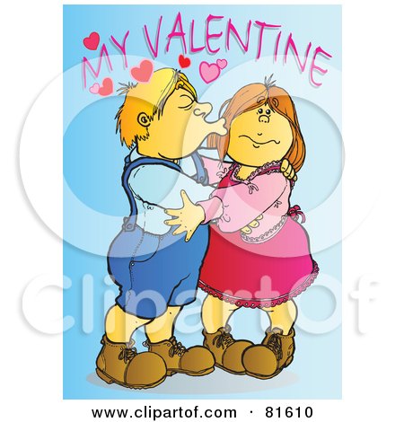 Royalty-Free (RF) Clipart Illustration of a Boy Kissing His Girlfriend On The Cheek Under My Valentine Text by Snowy
