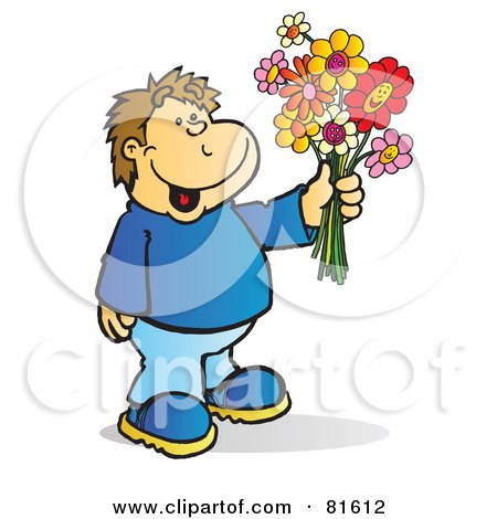 Royalty-Free (RF) Clipart Illustration of a Brunette Boy Holding A Bouquet Of Flowers by Snowy