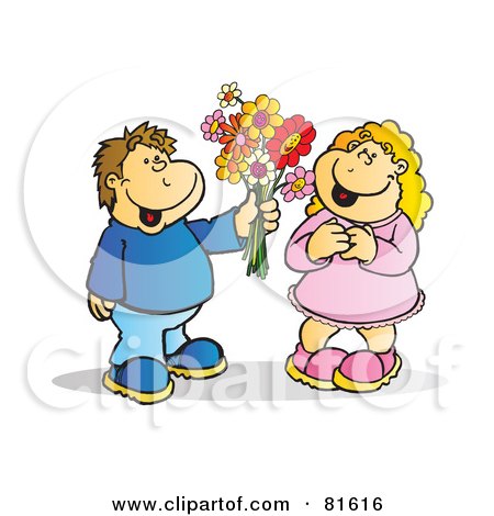 Royalty-Free (RF) Clipart Illustration of a Brunette Boy Handing A Blond Girl Flowers by Snowy
