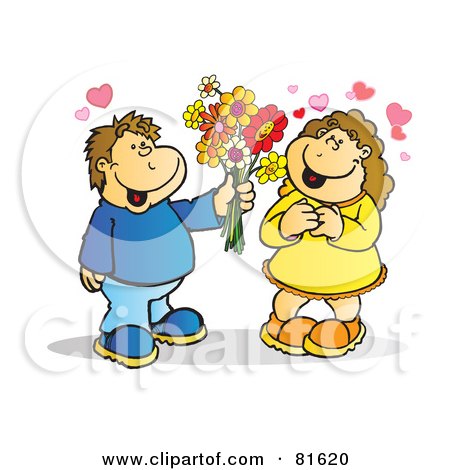 Royalty-Free (RF) Clipart Illustration of a Boy Handing His Girlfriend Flowers by Snowy
