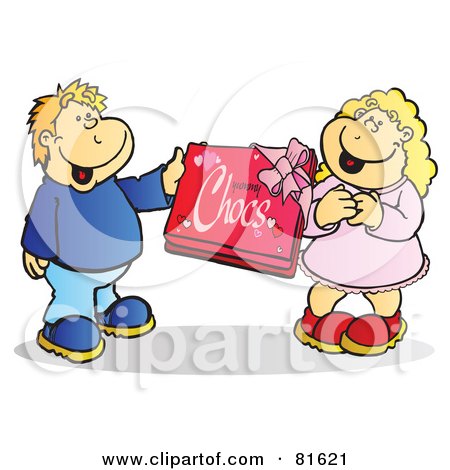 Royalty-Free (RF) Clipart Illustration of a Boy Giving His Girlfriend A Box Of Valentines Day Chocolates by Snowy