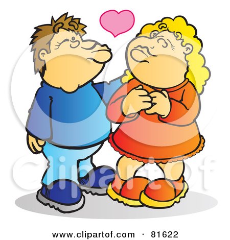 Royalty-Free (RF) Clipart Illustration of a Brunette Boy And Blond Girl Puckering Up For A Kiss by Snowy