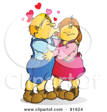 Royalty-Free (RF) Clipart Illustration of a Blond Boy Kissing His Girlfriend On The Cheek by Snowy