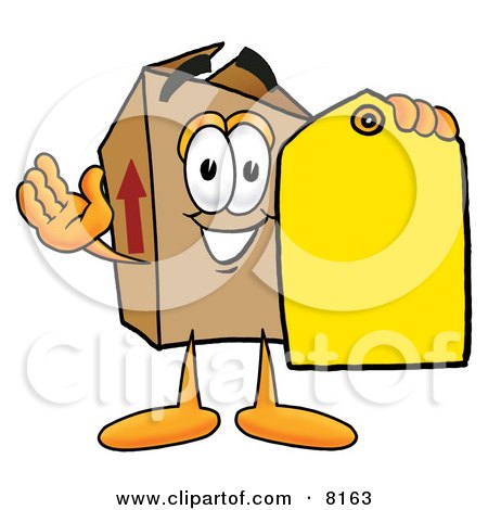 Clipart Picture of a Cardboard Box Mascot Cartoon Character Holding a Yellow Sales Price Tag by Mascot Junction