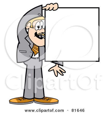 Royalty-Free (RF) Clipart Illustration of a Blond Business Guy In A Gray Suit, Holding A Blank Square Sign by Andy Nortnik
